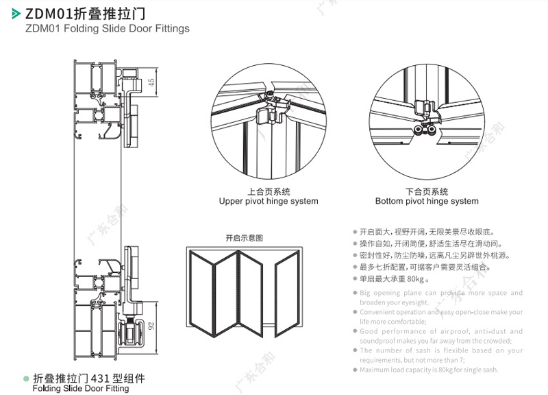 ZDM01 4 hoặc 3 Sash Phân vùng Phụ kiện cửa xếp Hệ thống phần cứng 